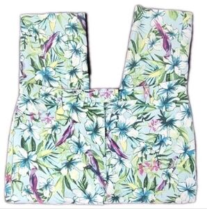 CHICO'S 0.5 SEAFOAM-GREEN TROPICAL FLORAL SHORT ANKLE CROPPED PANTS